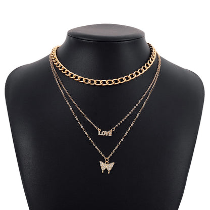 N1537 Simple retro metal pendant LOVE butterfly micro-inlaid multi-layered punk necklace female