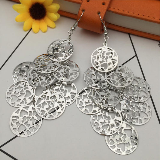 Hollow out love disc multi-layer ladies long earrings versatile earrings