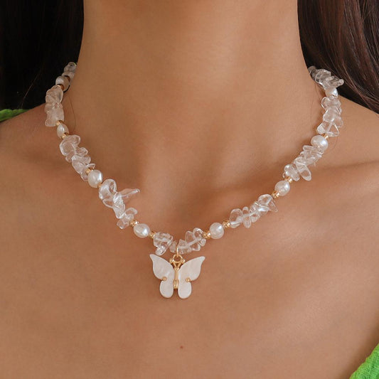 N9967 Net Red Necklace Female Xiaoxiang Retro Contrast Color Collarbone Necklace Imitation Pearl Butterfly Beaded Necklace