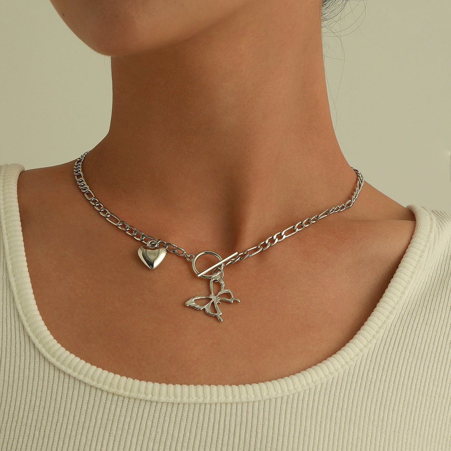 Jewelry Geometric OT Buckle Hollow Butterfly Pendant Necklace Ladies Three to One Trendy Love Heart Necklace