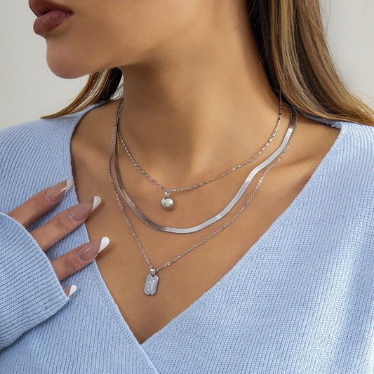 Jewelry Hip Hop Retro Metal Letter Tag Necklace Female Versatile Snake Bone Chain Hang Ball Necklace