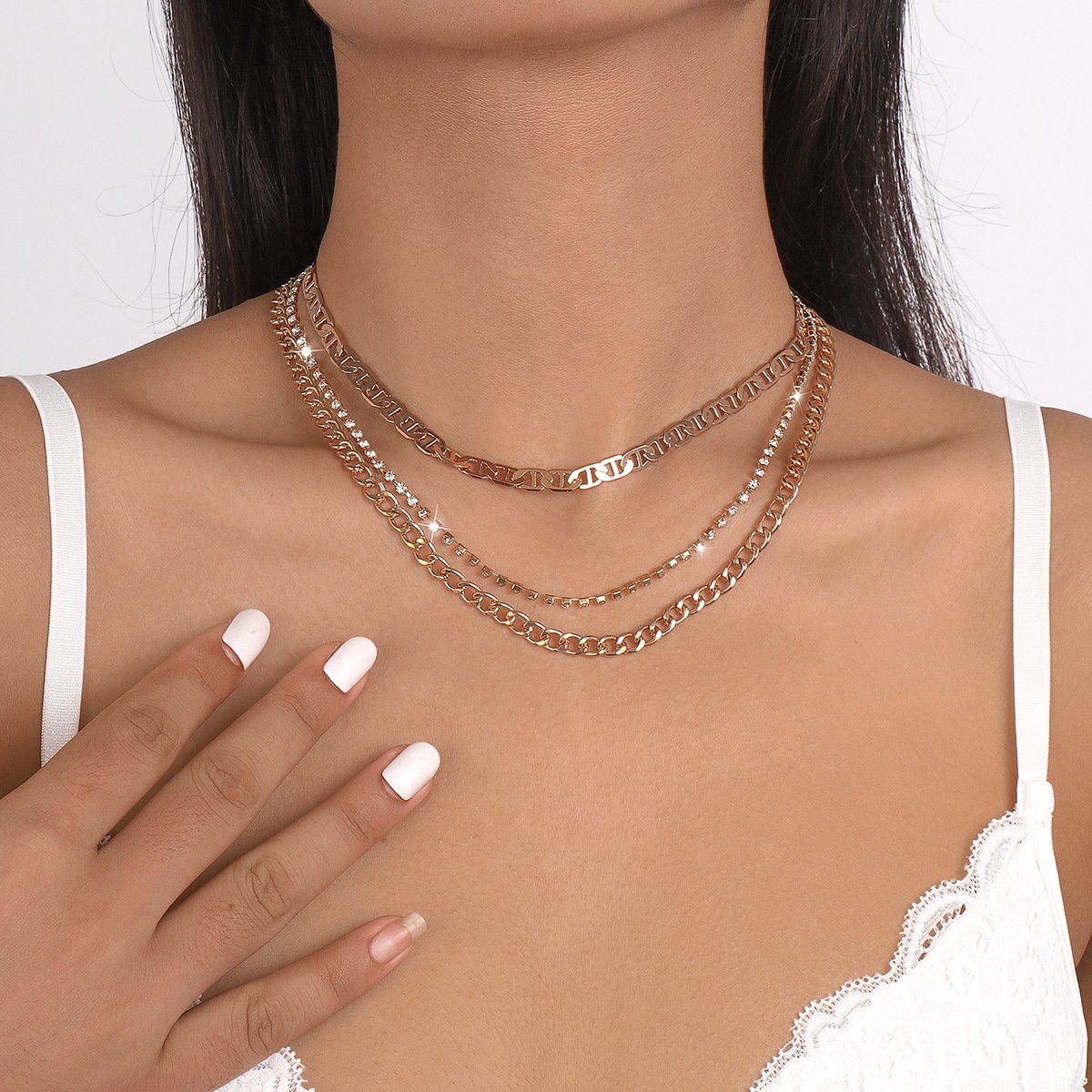 1675 Retro Stacked Hip-Hop Multilayer Necklace Exaggerated Metal Sweet Cool Street Shot Geometric Rhinestone Necklace