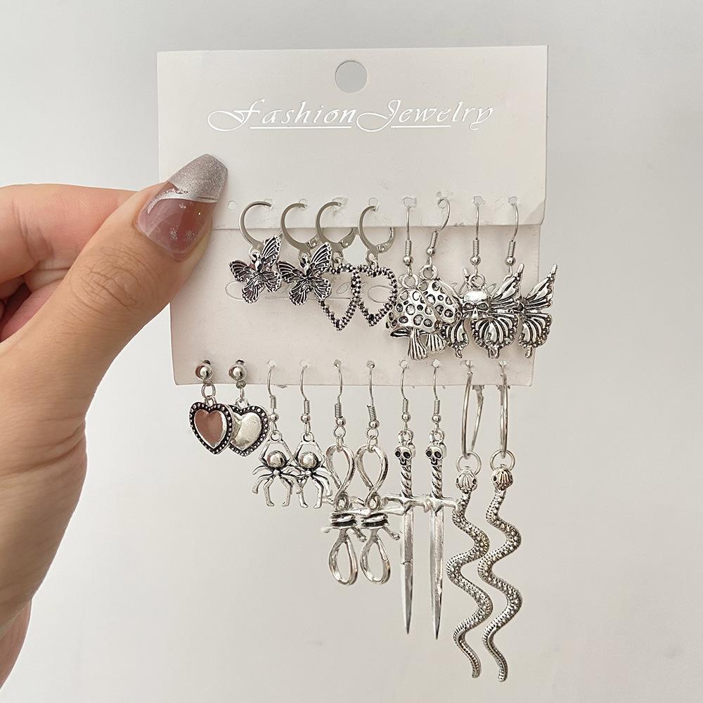 Ins Love Butterfly Earrings Set Female Retro Creative Snake Sword Mushroom Earrings Halloween Earrings