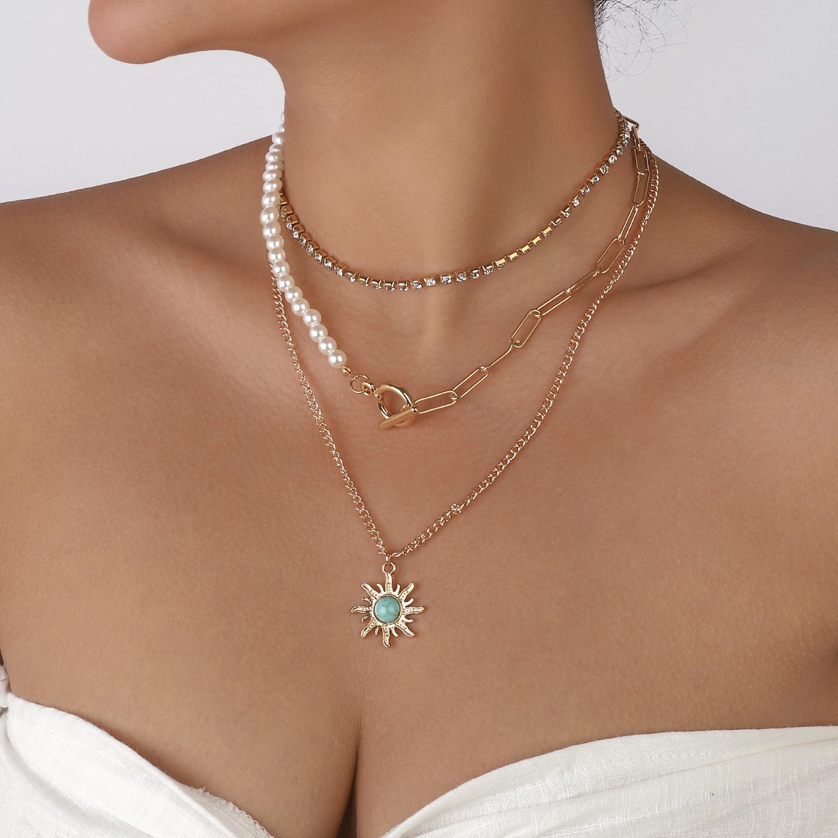 1222 exaggerated multi-layered necklace claw chain pearl chain splicing necklace sun flower retro necklace