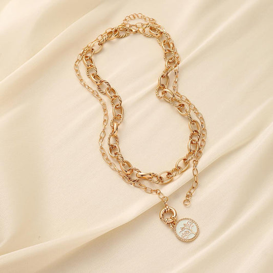Double stacked round coin life tree lock necklace neck chain collarbone chain all-match fashion