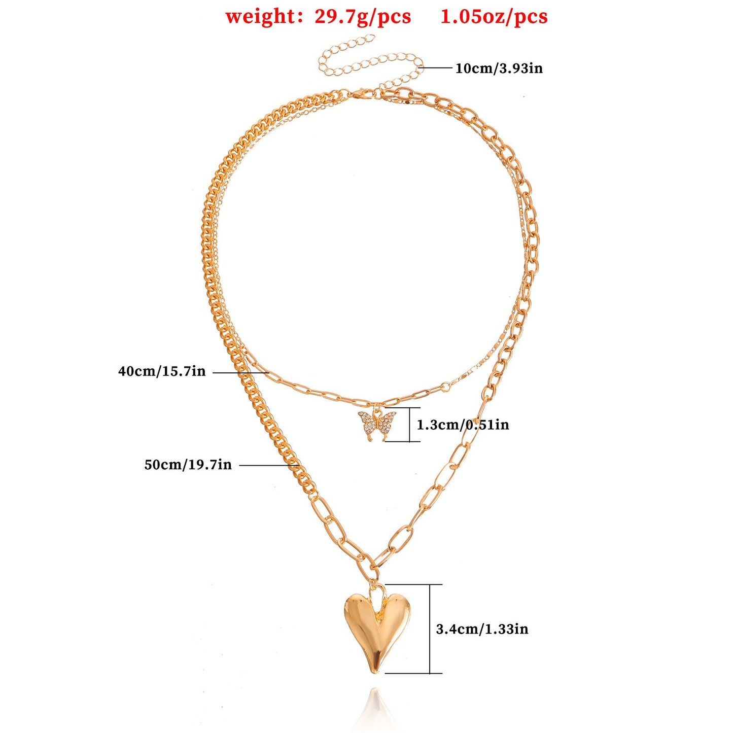 Jewelry geometric exaggerated big peach heart micro diamond butterfly pendant necklace female double stacked necklace