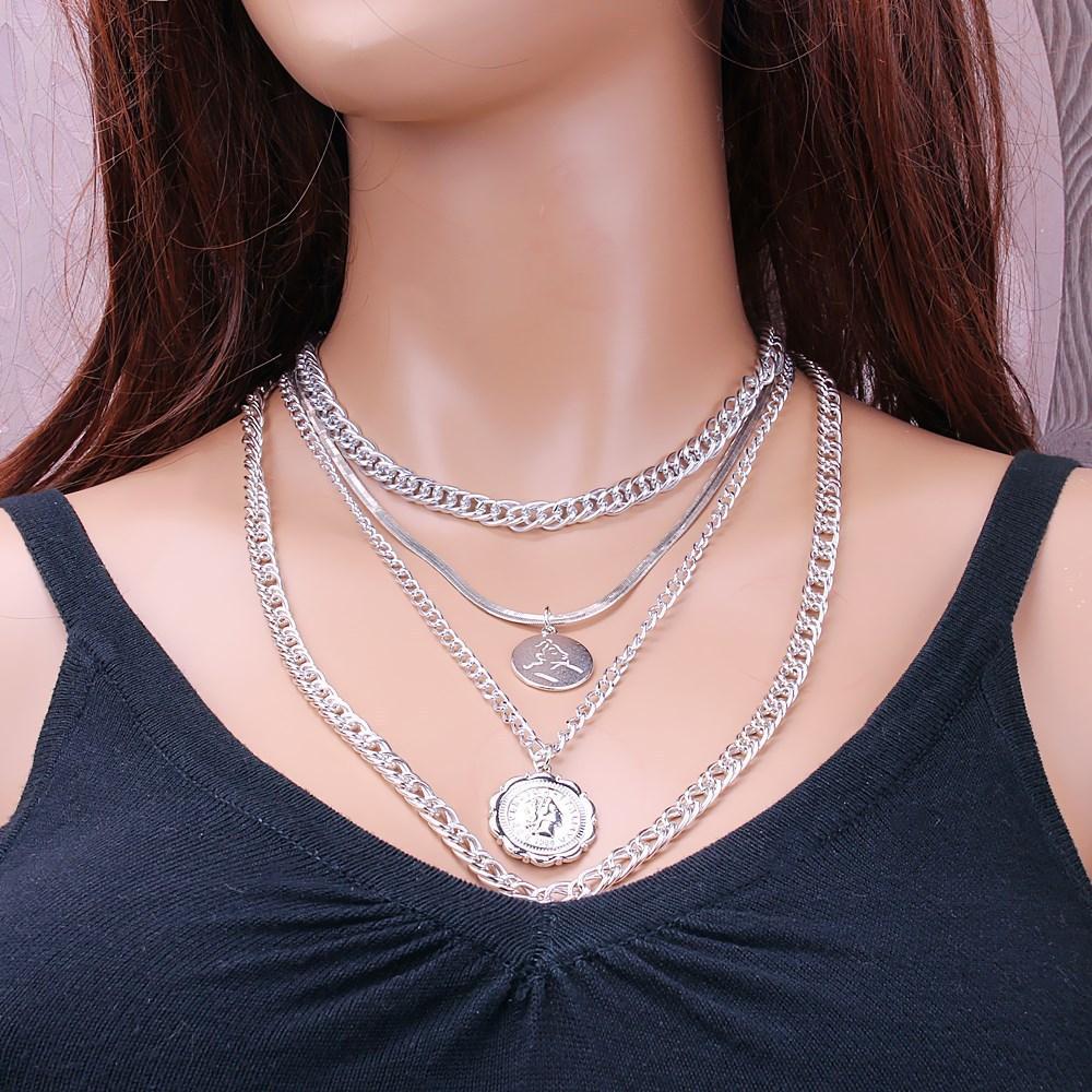 Jewelry multi-layer retro round card lace tag necklace female hip-hop thick chain necklace two-piece set