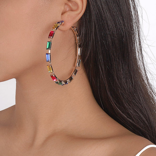 E1572 Exaggerated Colored Diamond Earrings Temperament Circle Earrings Retro Personality Pop Night Punk Earrings