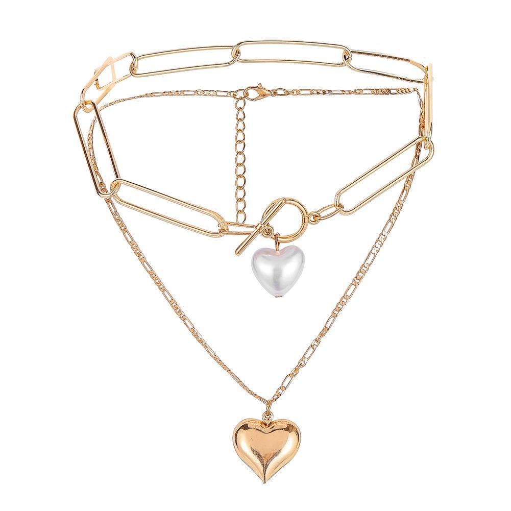 Trendy Double Love Pearl Necklace Simple Temperament Cold Peach Heart Pendant Necklace Clavicle Chain