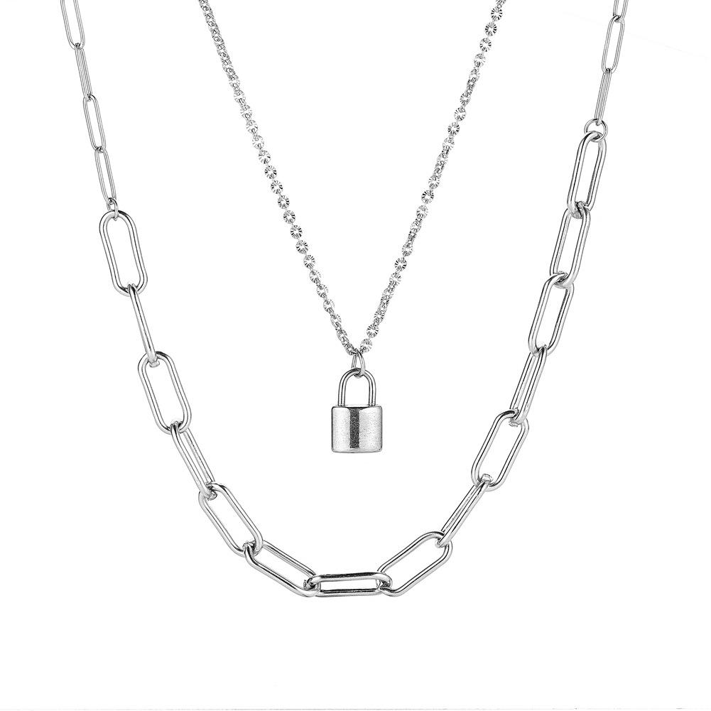 Fashionable and simple double-layer stacked stitching neutral cold stainless steel lock necklace