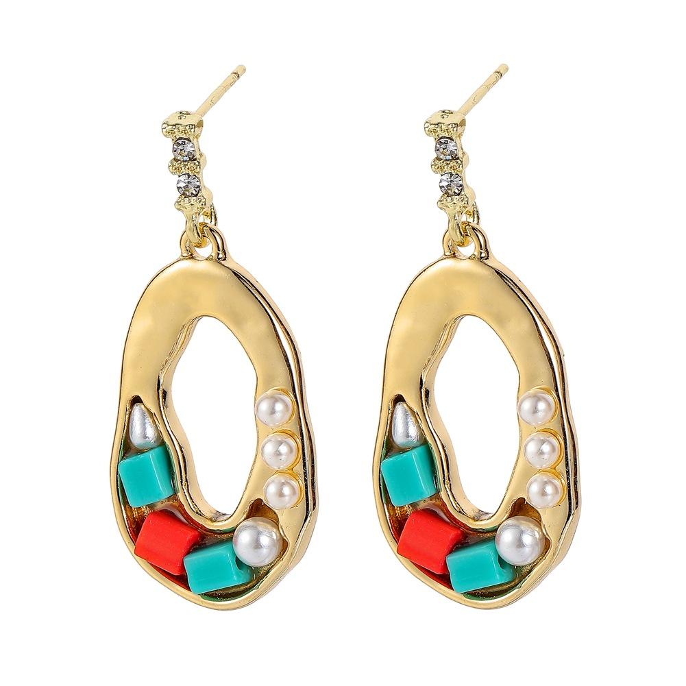 Irregular Oval Earrings Colorful Gravel Pearl Earrings Retro Elegant Earrings Personality Earrings