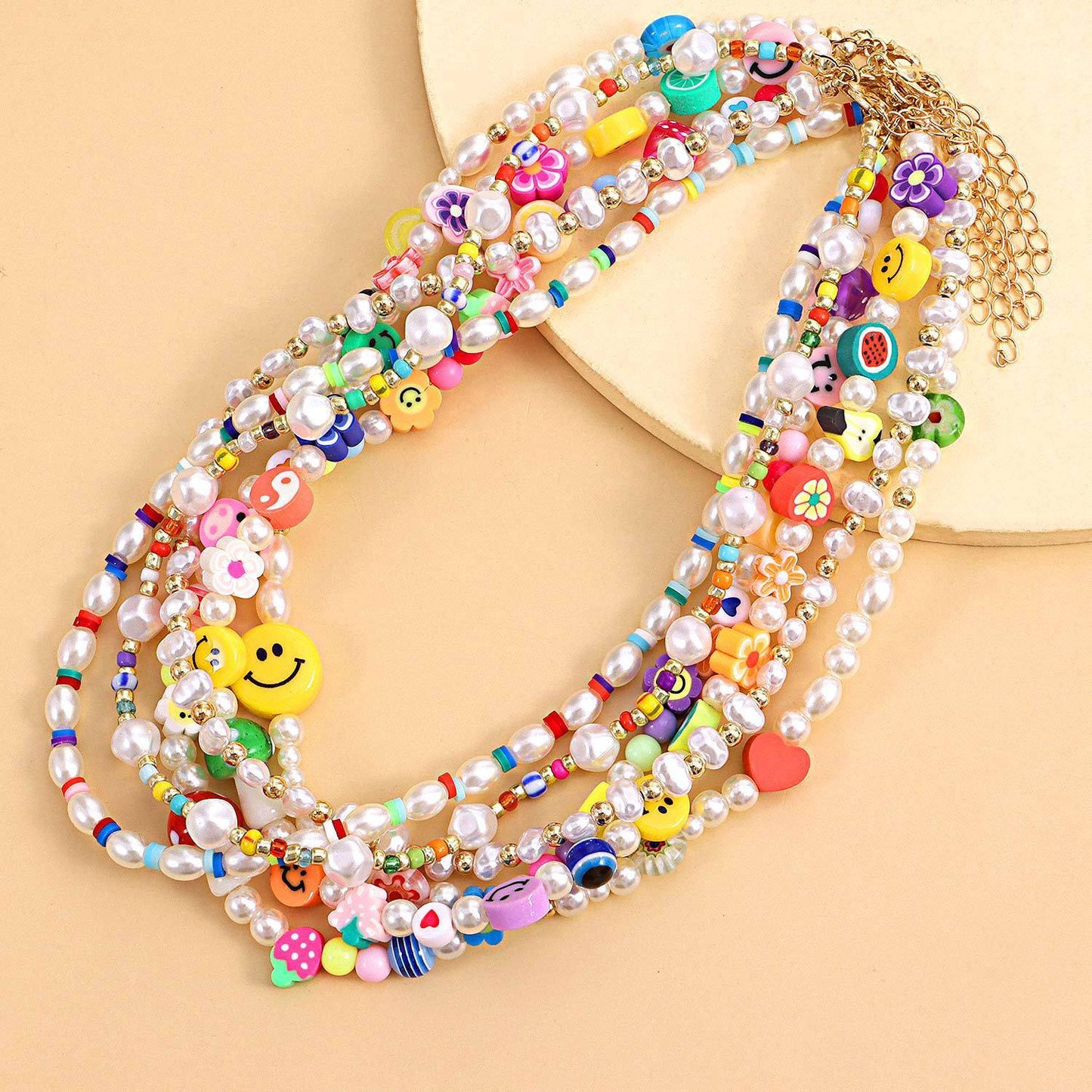 Jewelry multi-element fashion trend pearl necklace cartoon painted soft pottery fruit smiley necklace