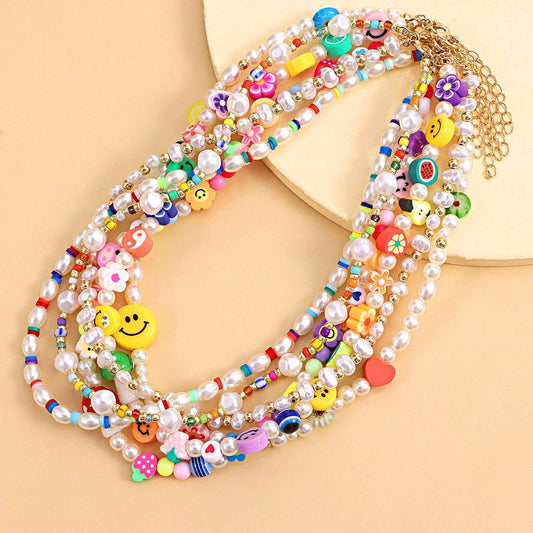 Jewelry multi-element fashion trend pearl necklace cartoon painted soft pottery fruit smiley necklace