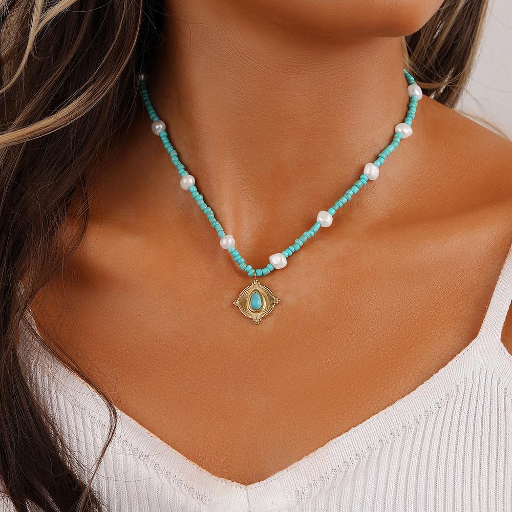 Summer ins ladies short choker stainless steel coin turquoise pearl sun necklace