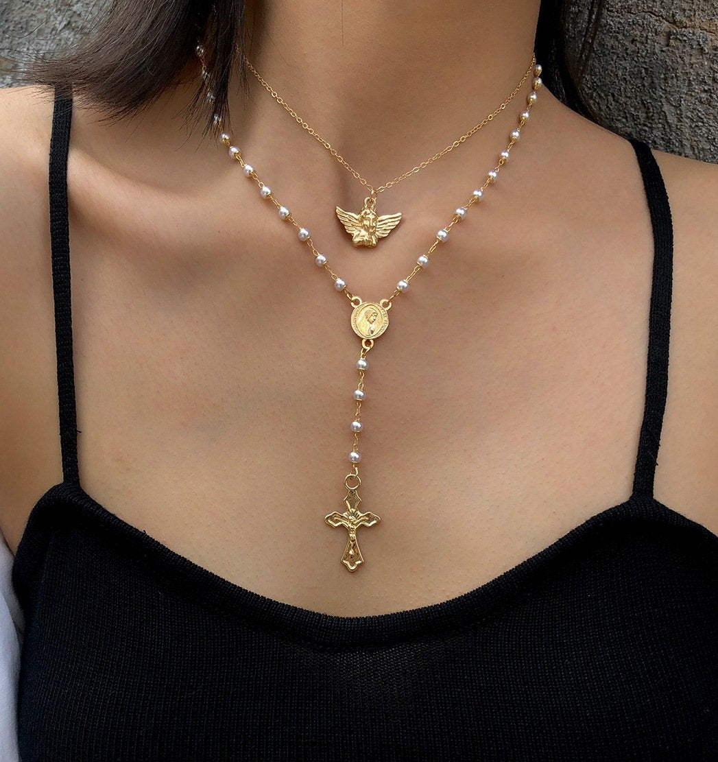Jewelry Retro Little Angel Geometric Necklace Temperament Imitation Pearl Y-shaped Cross Tassel Necklace