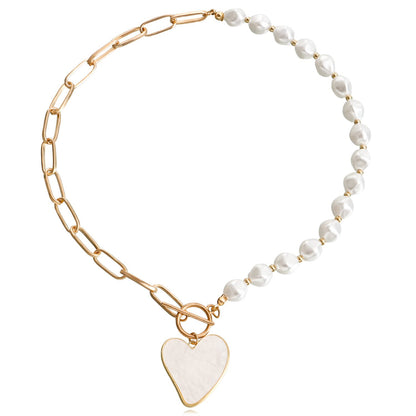 Jewelry Trendy Stitching Chain Geometric Rhombus Pearl Heart Fritillary Pendant Necklace Female Sweater Chain
