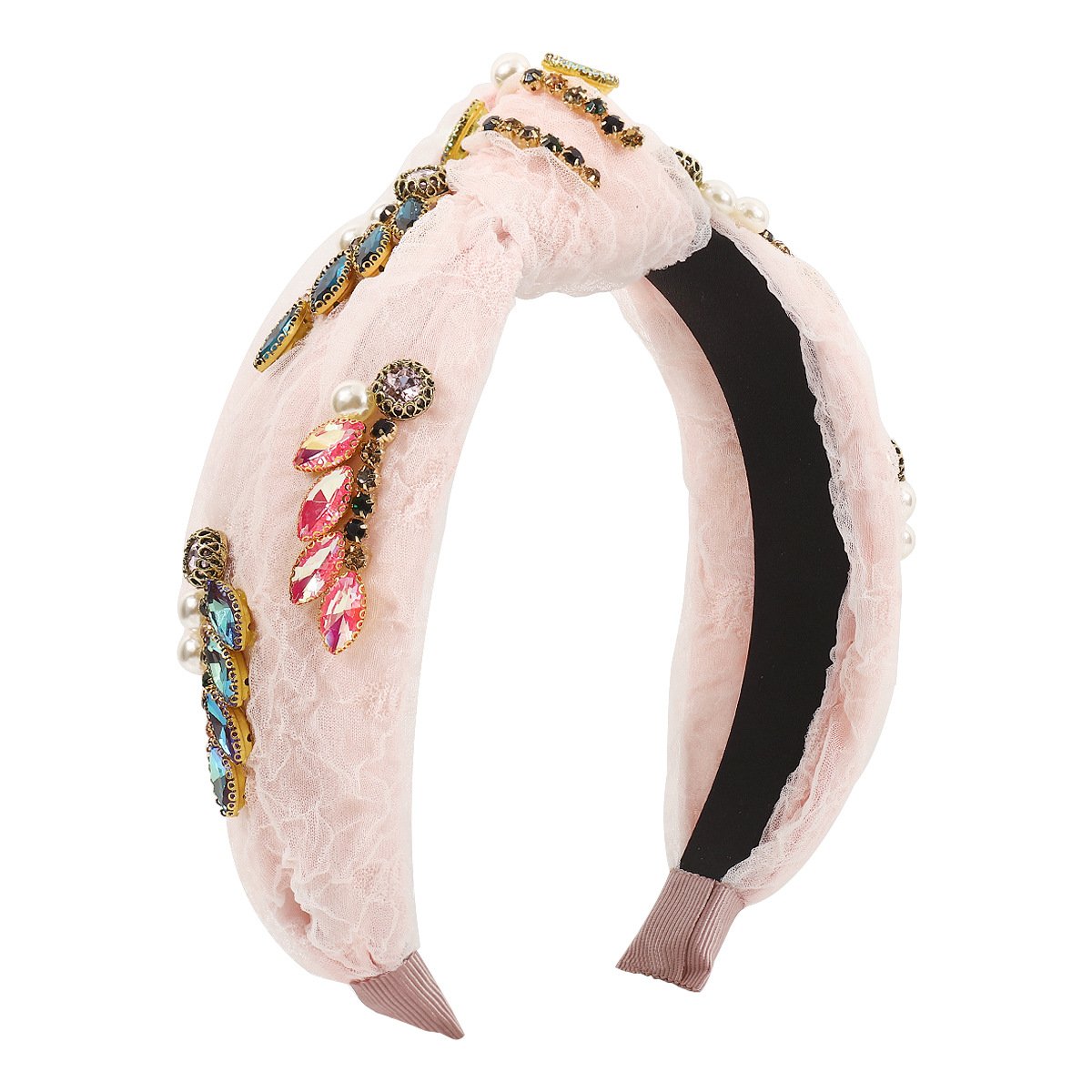 F525 baroque light luxury yarn material knotted headband pearl rhinestone retro elegant colorful headband