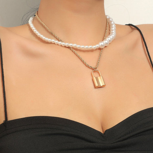 Retro multi-layer baroque pearl necklace female fashion temperament lock head stacked sweater chain personality collarbone chain