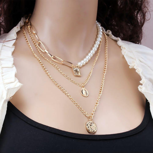 Jewelry Imitation Pearl Inlaid Gemstone Multilayer Necklace Retro Temperament Embossed Round Card Two-piece Necklace