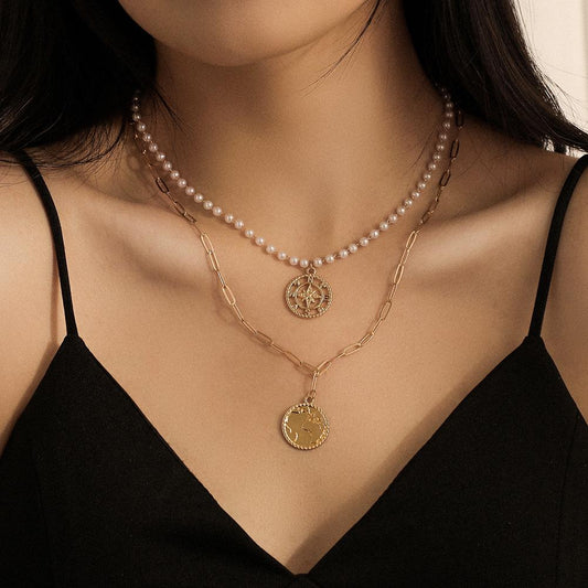 Fashion double-layer retro pearl clavicle chain creative nautical compass coin map double pendant necklace female
