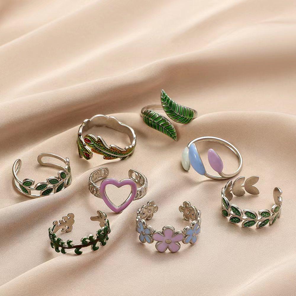 Fashion personality color drop oil flower feather stainless steel ring love titanium steel open ring jewelry