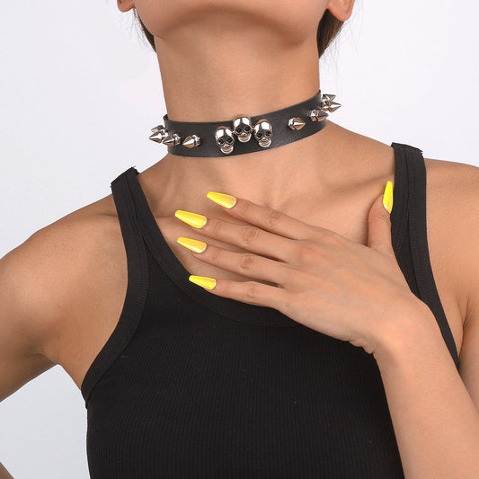 N1837 Exaggerated Leather Personality Collar Gothic Skull Spider Halloween Geometric Rivet Necklace