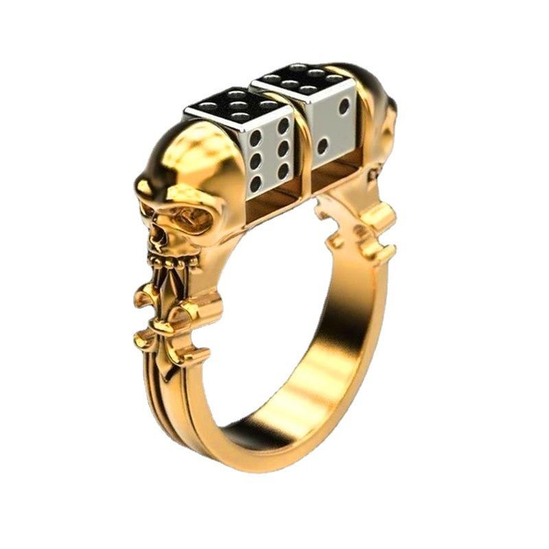 Personality Men's Punk Punk Domineering Golden Skull Dice Hip Hop Ring