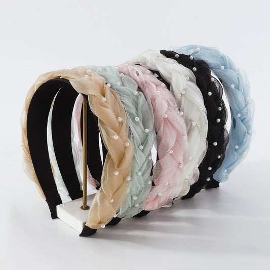F4242 Internet celebrity sand headband imitation pearl twist braided French style solid color summer outing headband