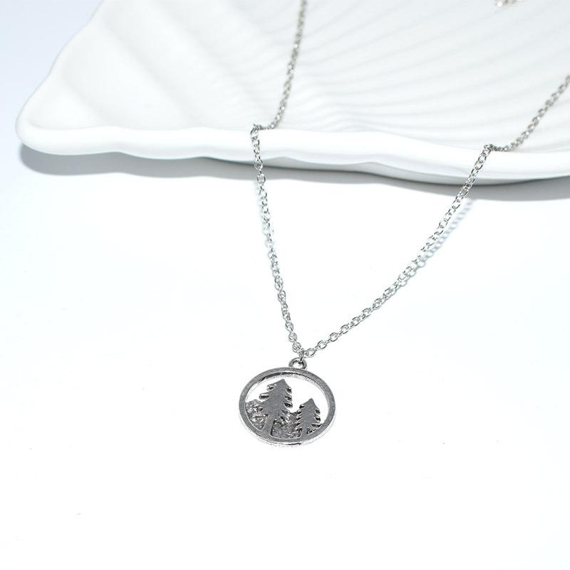 Popular Jewelry Retro Round Round Cake Hollow Two Trees Fortune Tree Necklace Female Retro Silver Necklace