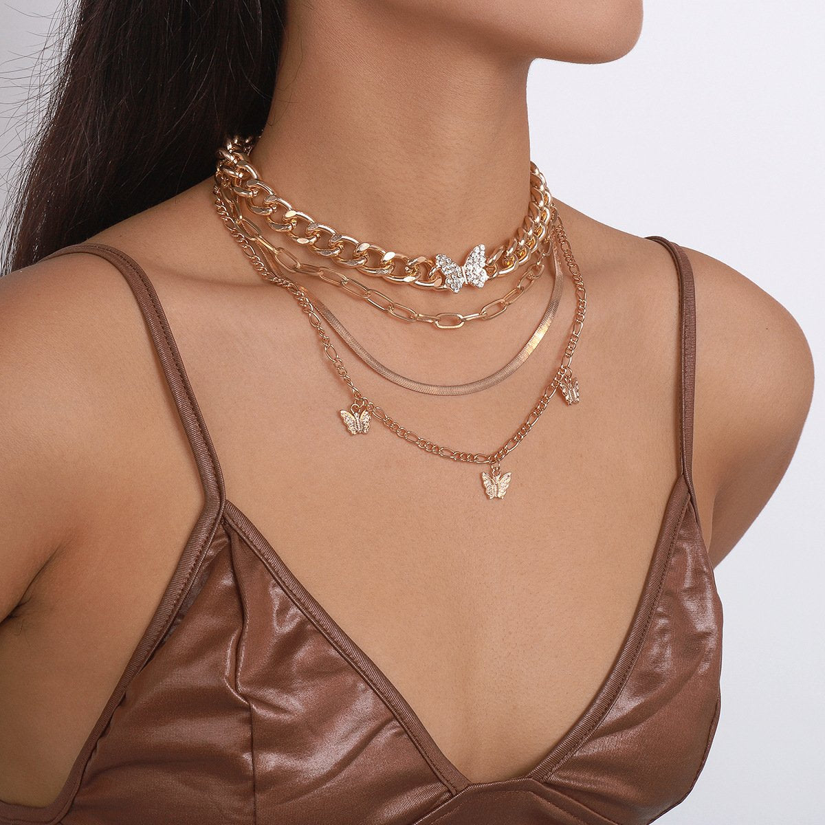 N1448 Punk hip-hop mix-and-match necklace exaggerated multi-layered necklace with butterfly micro-inlaid heavy industry necklace