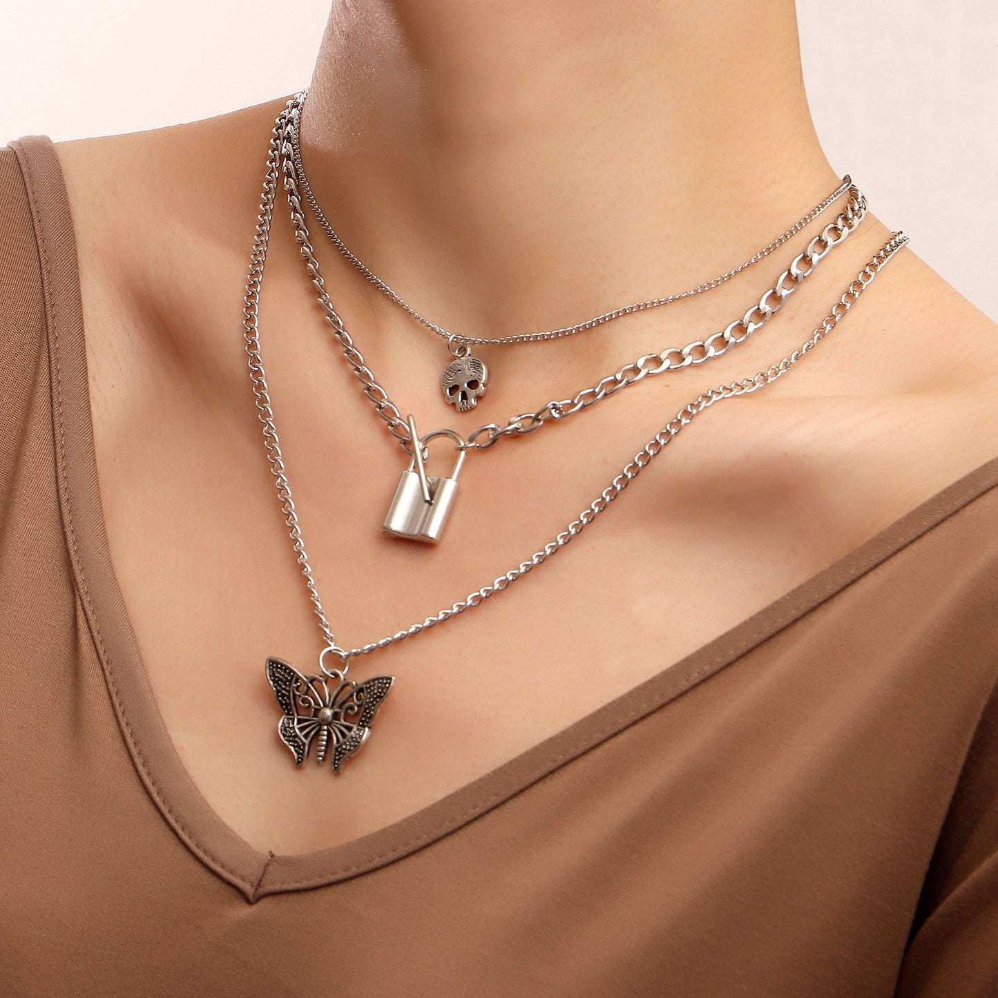 Explosive necklace female ins simple cold gothic padlock trend butterfly pendant diy necklace