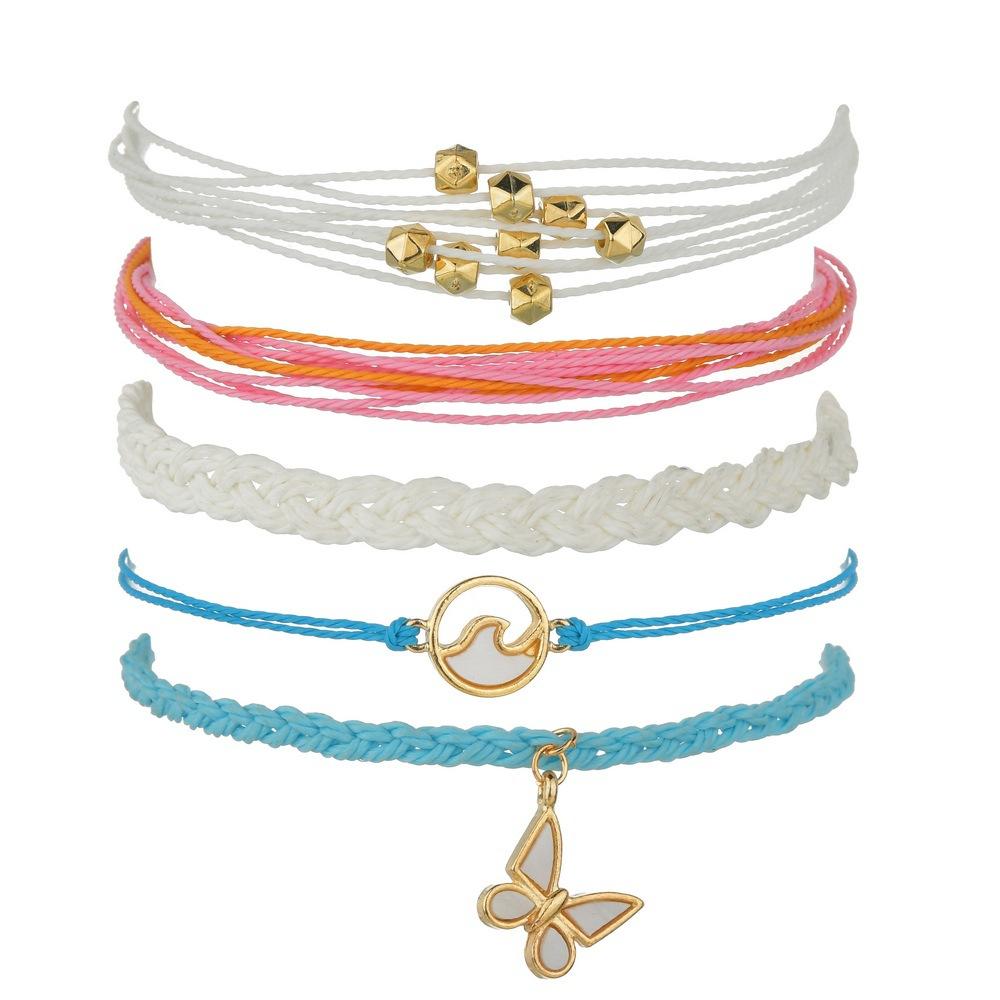 Summer Color Wax Thread Braided Bracelet Wave Butterfly Pendant Bracelet Friendship Bracelet Set