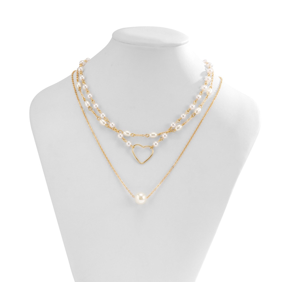 Jewelry simple round bead metal chain necklace temperament imitation pearl heart-shaped multi-layer necklace female