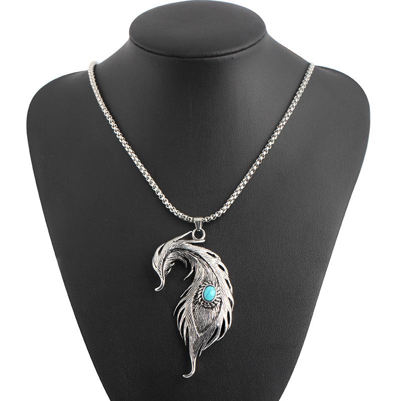 Feather Turquoise Pendant Hiphop Necklace Men