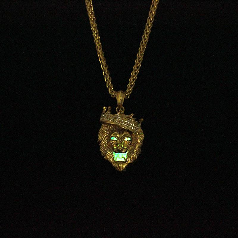 Diamond crown lion head hip hop luminous necklace men's unisex gold-plated hiphop luminous pendant