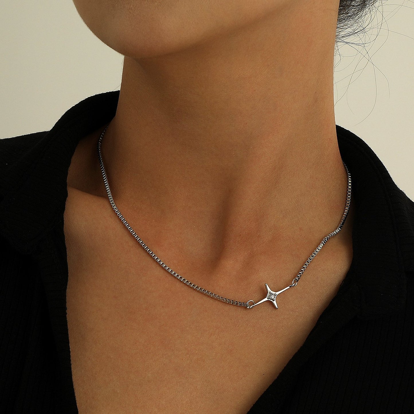 Jewelry Fashion Simple Box Chain Necklace Female Punk Trendy Diamond Cross Star Pendant