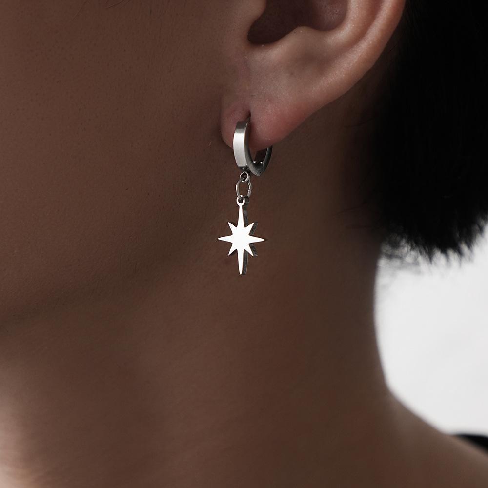 Trendy Personality Men's Simple Fashion Stainless Steel Personality Star Moon Asymmetrical Earrings Jewelry