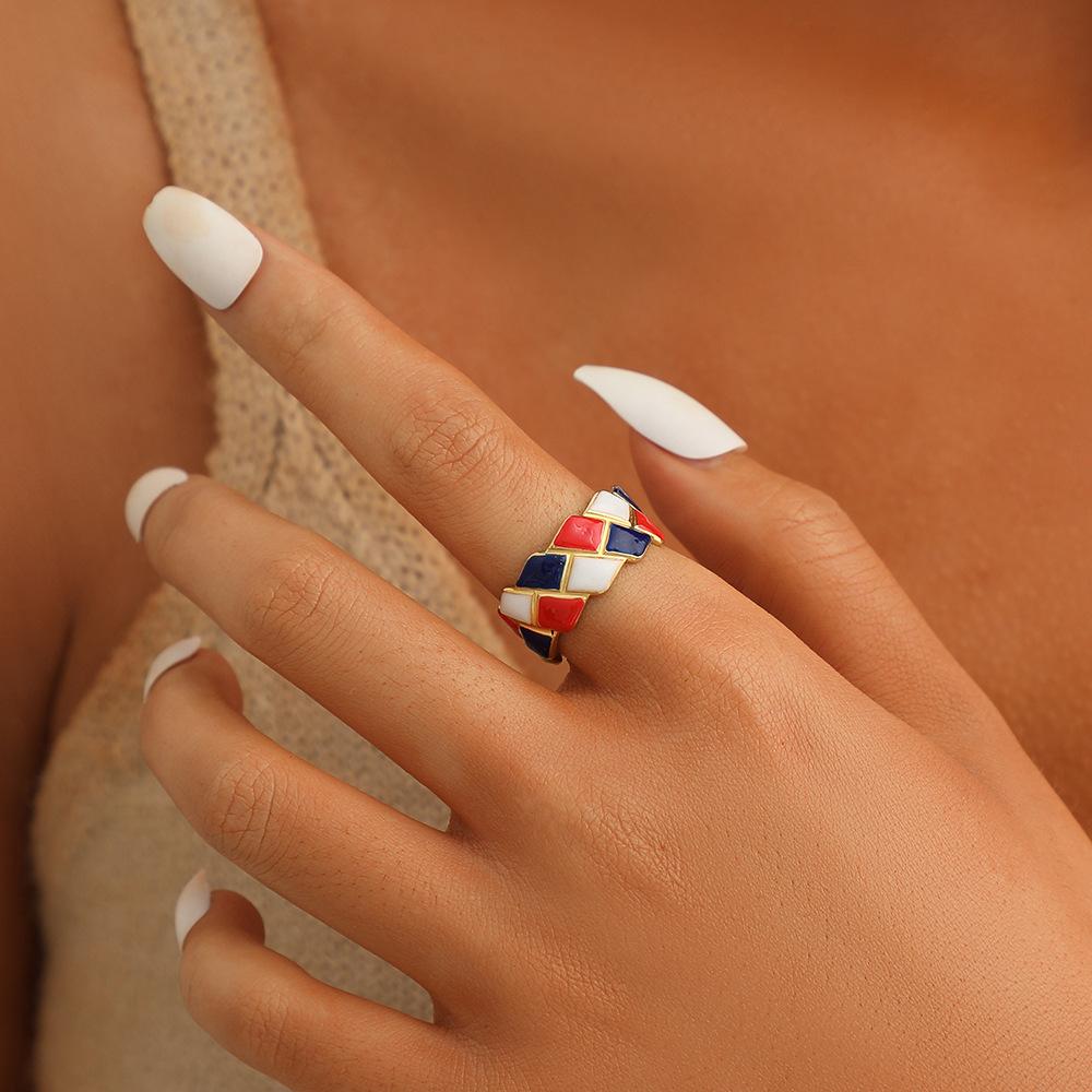 Fashion niche design personality stainless steel color checkerboard drop oil geometric opening ring female