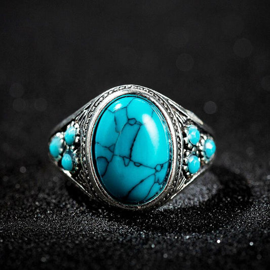 Explosive jewelry national retro imitation turquoise couple ring male and female ancient silver ring jewelry