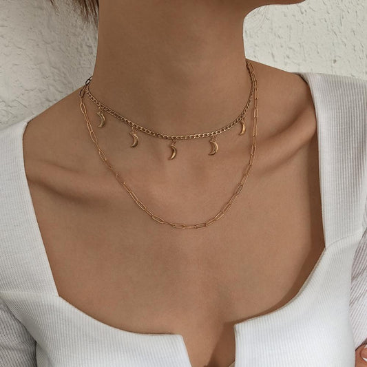 N9412 Jewelry Niche Simple Double Layer Necklace Metal Texture Sweet Crescent Pendant Necklace Women