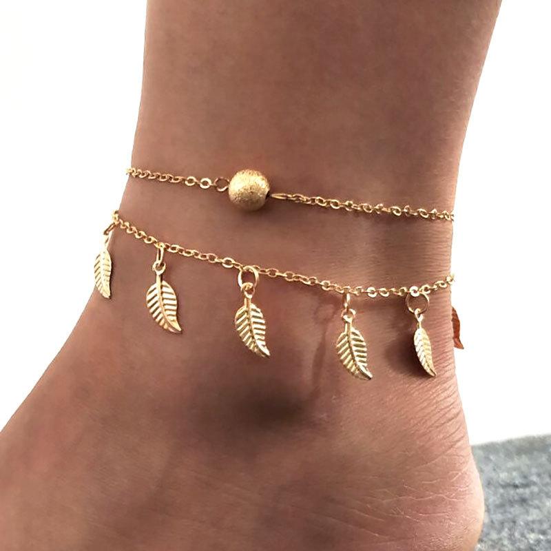 Beach style leaf foot decoration simple double-layer tassel ethnic women's small leaf anklet