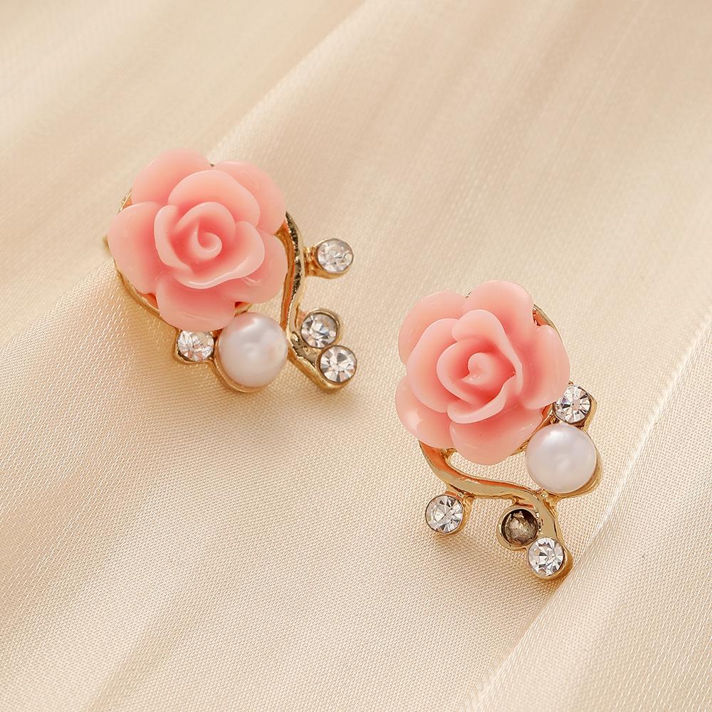 French Elegant Temperament Beautiful Women's Metal Rose Flash Diamond Pearl Branch Earrings Stud Earrings