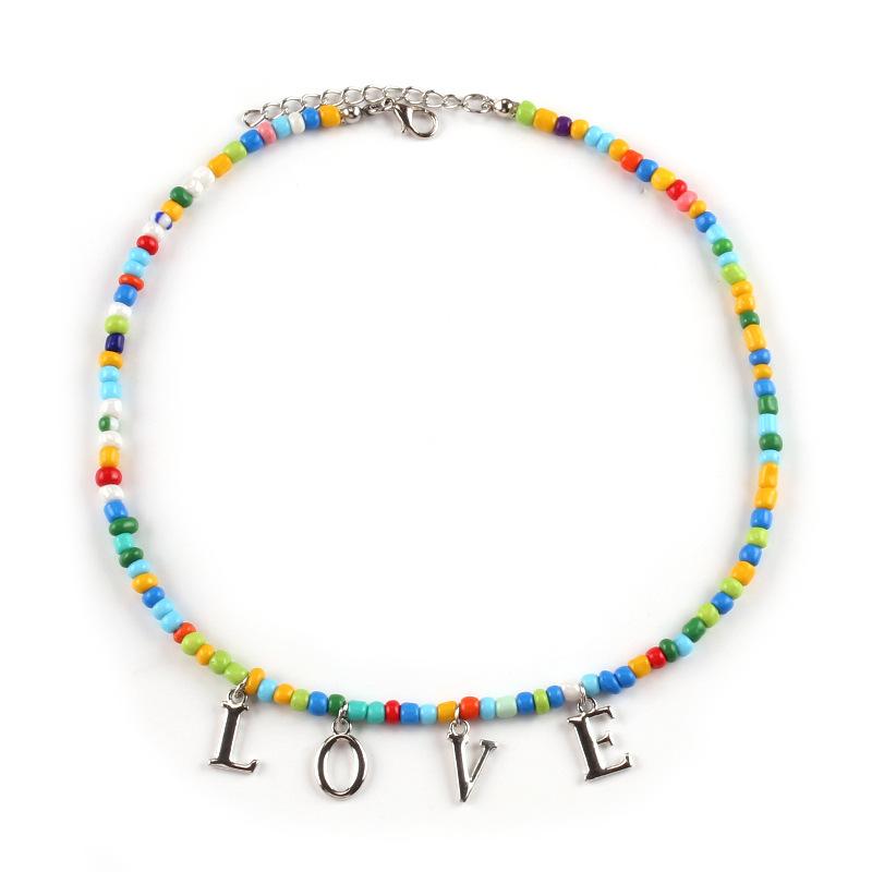 Small Fresh Alphabet Necklace Female Bohemian Handmade Colorful Rice Beads Clavicle Chain