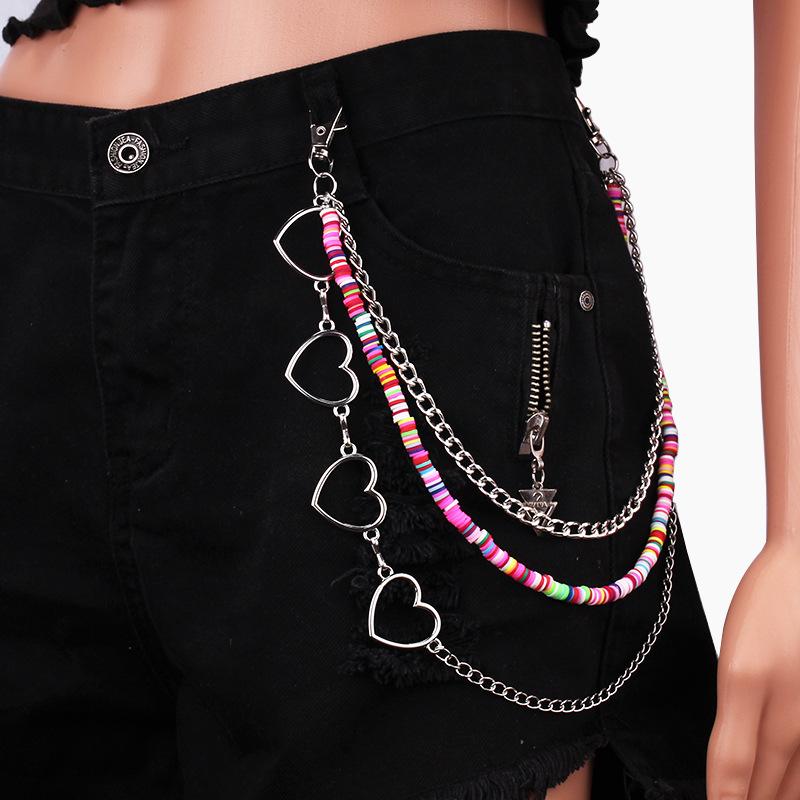 Peach heart multi-layer pants chain hip-hop trend padlock key pendant ins personality waist accessories