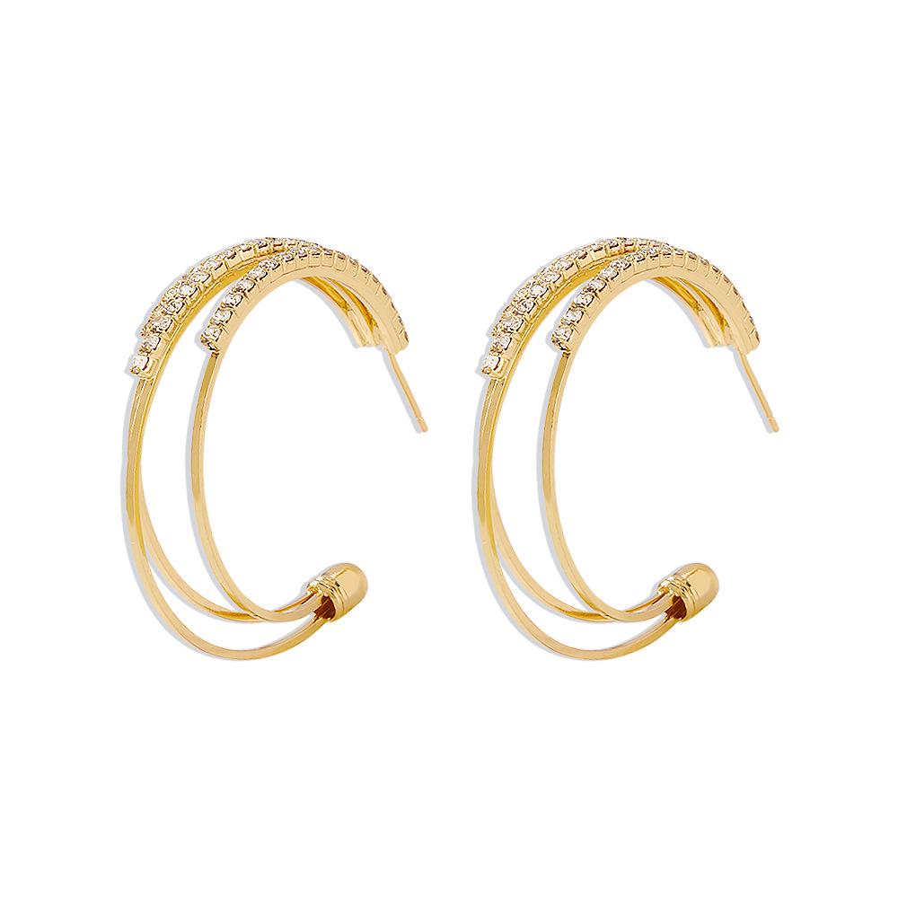 E1283 Geometric C-shaped Earrings Micro-inlaid Temperament Fashion Earrings Versatile Exaggerated Retro Ear Pins Female