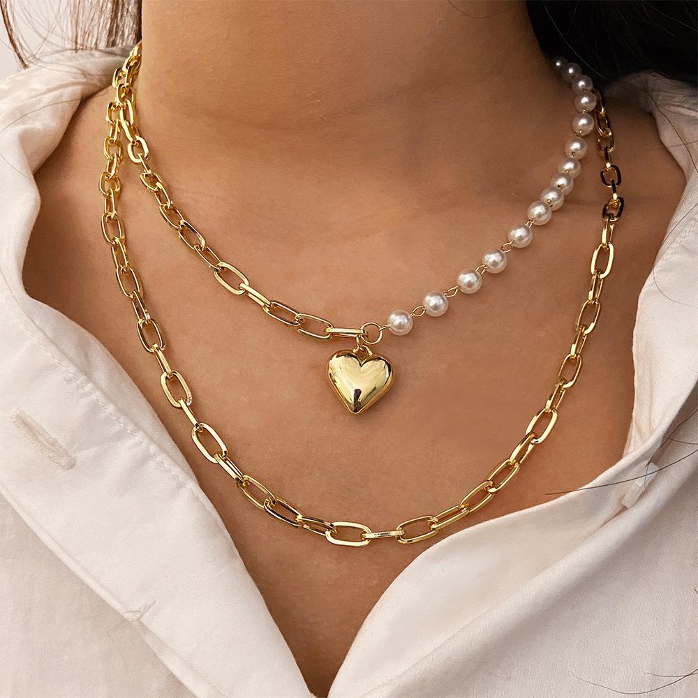 Jewelry punk double-layer geometric big heart pendant imitation pearl necklace female ins all-match necklace
