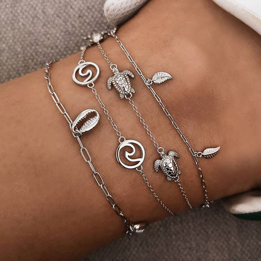 Fashion Vintage Alloy Shell Turtle Pendant Anklet Bohemian Multilayer Anklet Jewelry