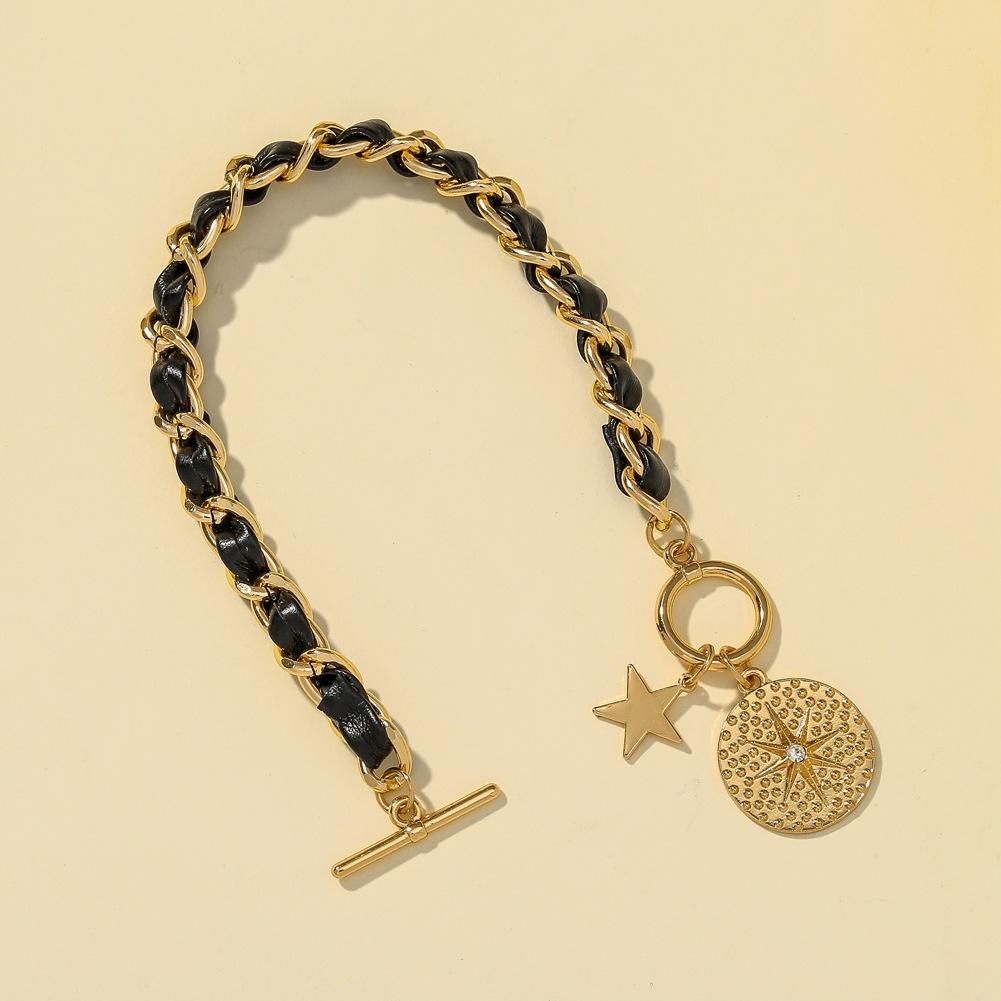 Ins niche light luxury leather rope braided bracelet pentagram hexagram round plate pendant OT buckle bracelet jewelry