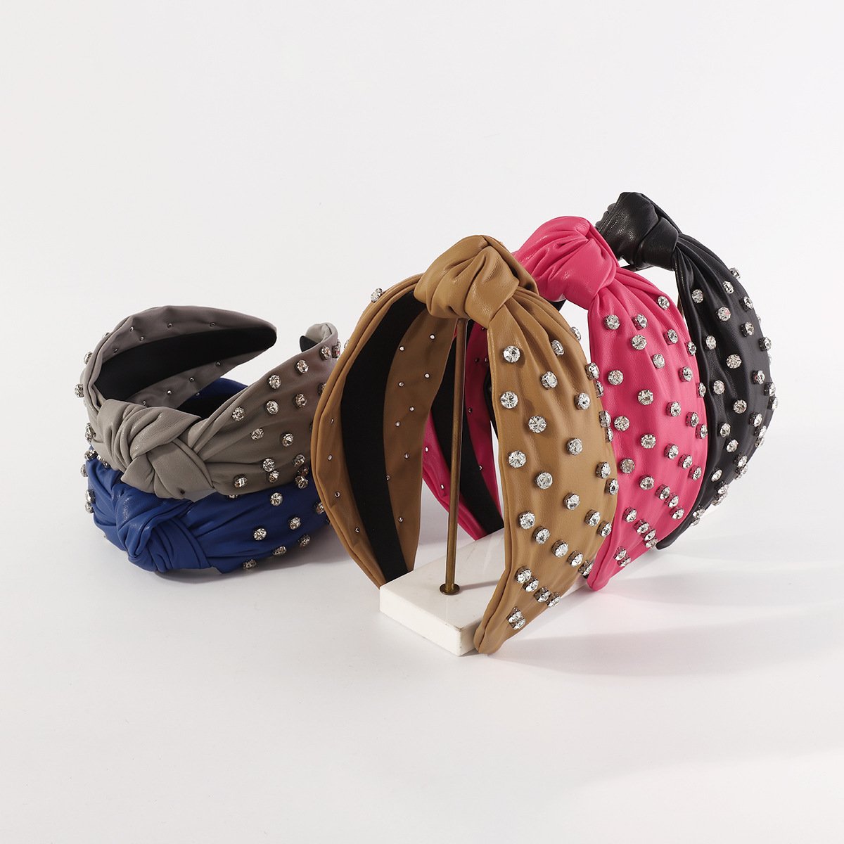 F5116 Exaggerated Heavy Industry Leather Rhinestone Headband Creative Personality Pure Color Knotted Fashion Light Luxury Headband