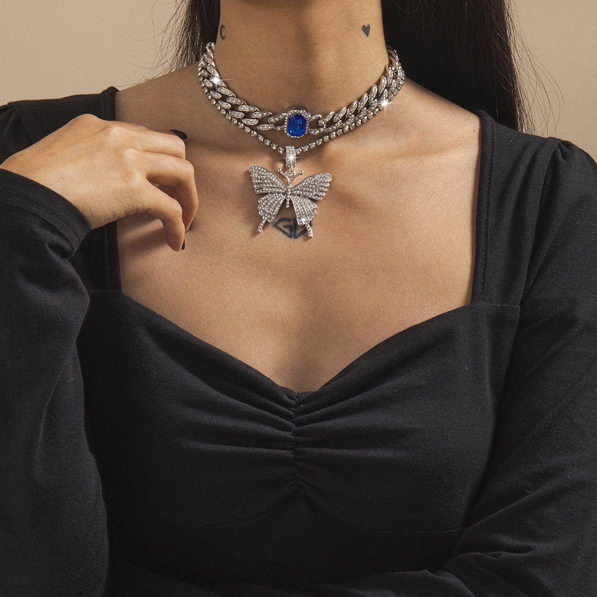 Jewelry Personality Cuban Chain Exaggerated Necklace Female Fashion Temperament Diamond Butterfly Gem Necklace